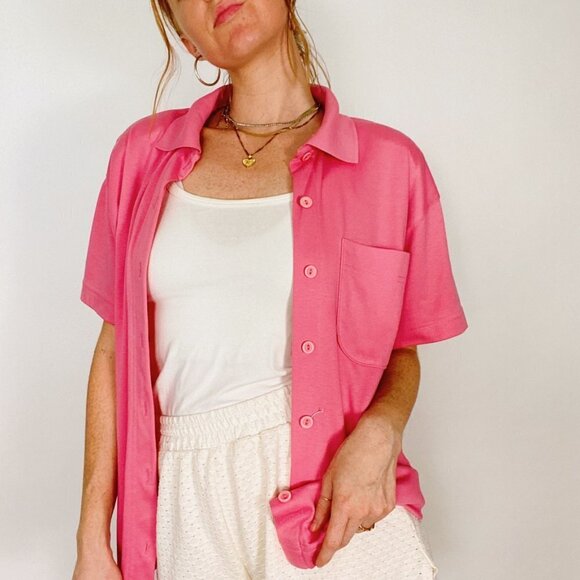Vintage 80's Pink Short Sleeve Cotton Button Up - Picture 3 of 6